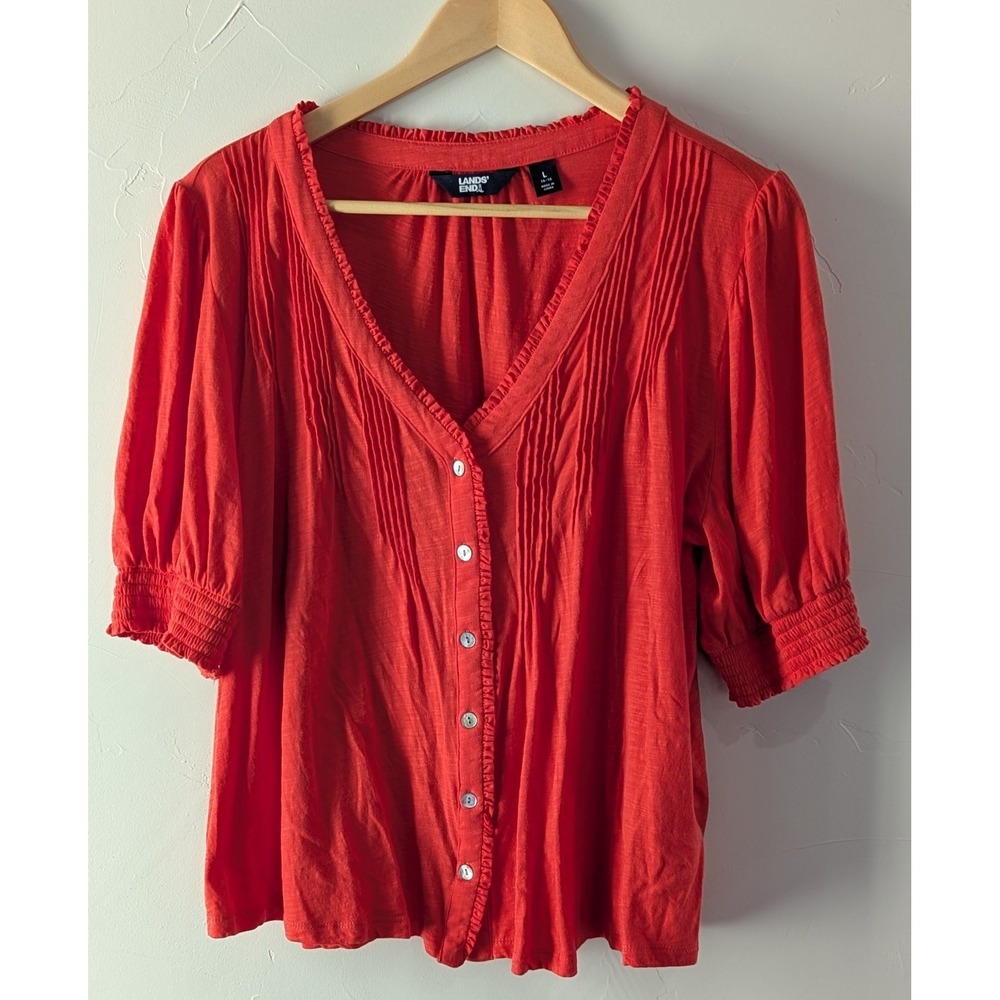 Lands' End Women's Top‎ L (14-16) Orange Button Up Pinch Pleats Elastic Sleeve